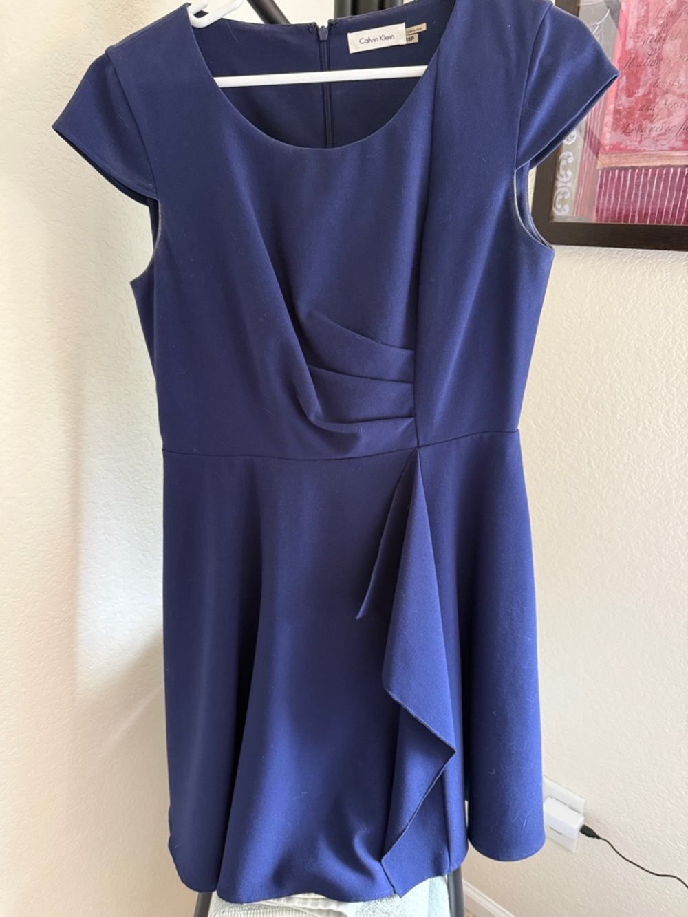 Calvin Klein Royal Blue Cap-Sleeve Draped Fit-and-Flare Dress - Picture 1 of 5